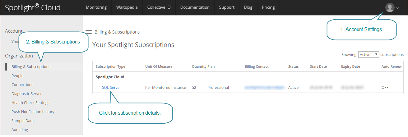 Billing and subscriptions page